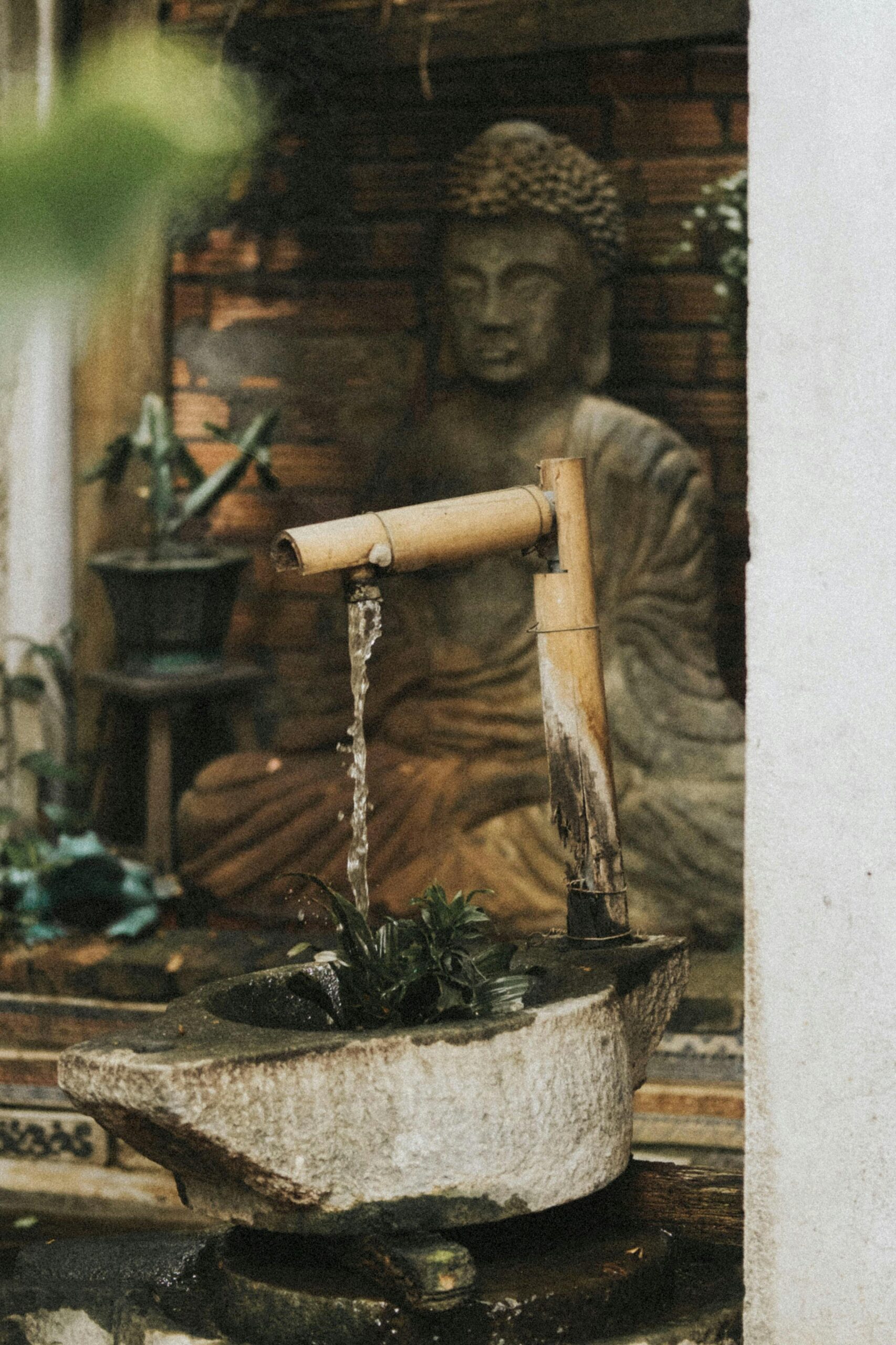Tranquil scene of a bamboo water fountain beside a Buddha statue in a garden setting.